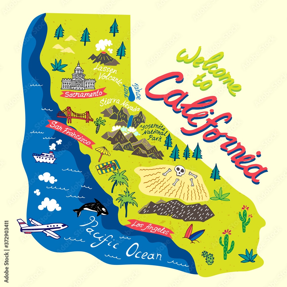 Illustrated Map Of California Usa Travel And Attractions Stock
