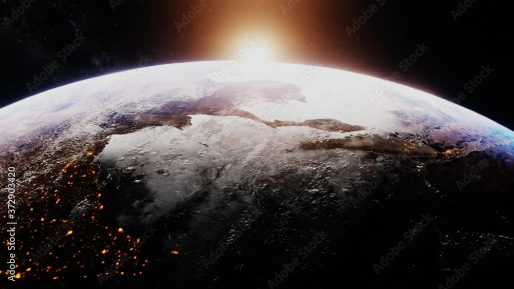 Beautiful realistic sunrise over planet earth from outer space. 3D render animation. NASA images. World globe global environment in stars galaxy cosmos, science universe exploration of atmosphere