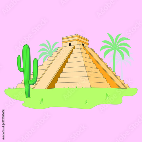ute ancient Mexican temple pyramid at Chichen Itza with palm trees and cactus

