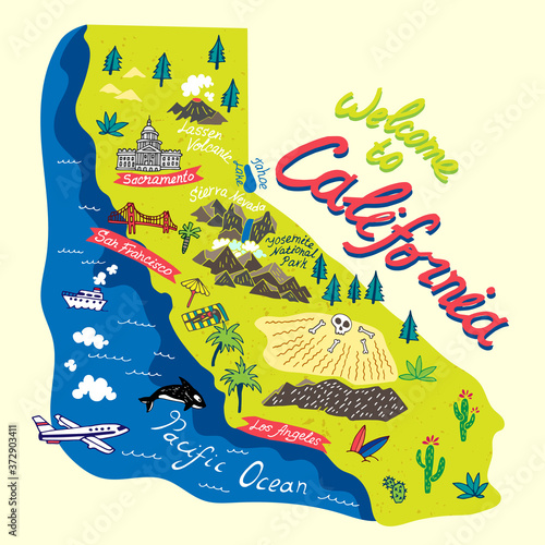 Illustrated map of  California, USA. Travel and attractions.