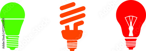 Icons of types of lamps, in different colors, depending on their consumption in watts. Vector illustration. 