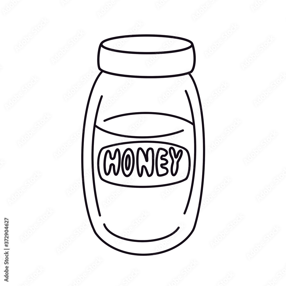 Outline glass jar with lettering honey. Sweet food, conserve product for pantry/supply cellar. Hand drawn design element isolated on white background. Line art cartoon illustration, coloring book page Outline glass jar with lettering honey. Sweet food, conserve product for pantry/supply cellar. Hand drawn design element isolated on white background. Line art cartoon illustration, coloring book page