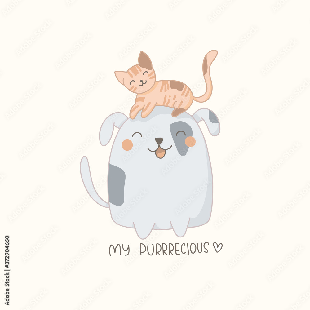 My precious. Cute hand drawn cat and dog illustration. Cute illustration drawing for card, poster design.