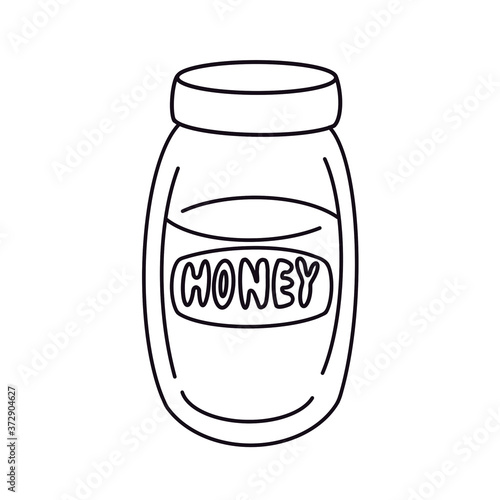 Outline glass jar with lettering honey. Sweet food, conserve product for pantry/supply cellar. Hand drawn design element isolated on white background. Line art cartoon illustration, coloring book page