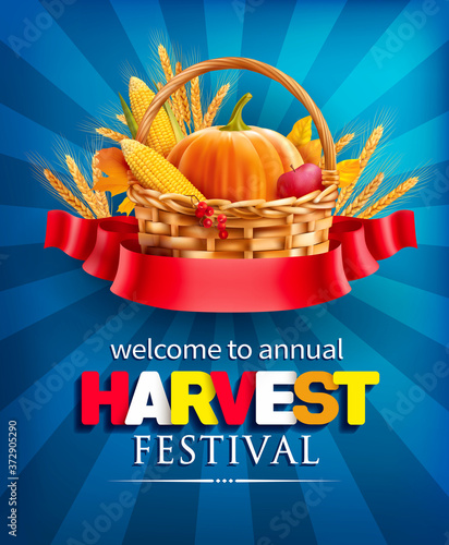 Harvest festival poster design with basket and ribbon. Invitation for crop fest. Vector illustration.