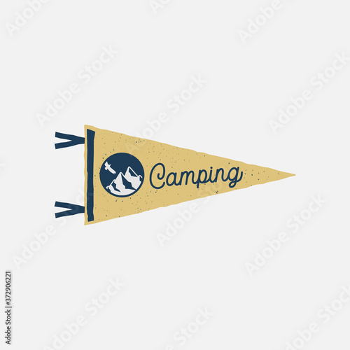 Camping adventure pennant emblem illustration design. Vintage Outdoor label with mountain, eagle and text - Camping. Unusual hipster style sticker. Stock vector.
