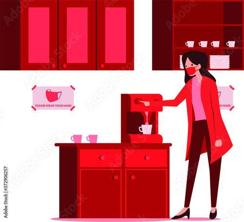 Masked woman making a cup of coffee in office's pantry illustration