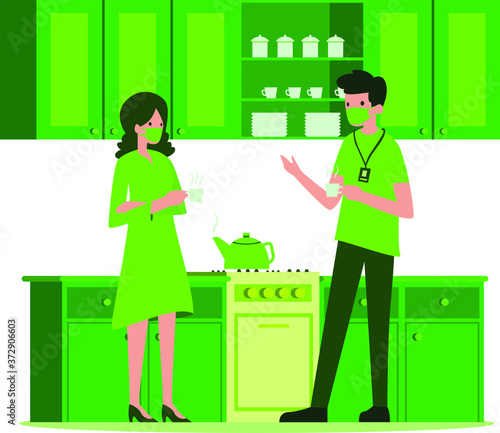 2 masked workers are talking during break at office pantry illustration