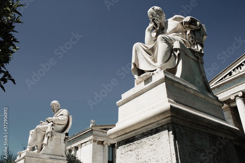 View of the statues of the ancient Greek philosophers Plato and Socrates in Athens  Greece  June 17 2020.