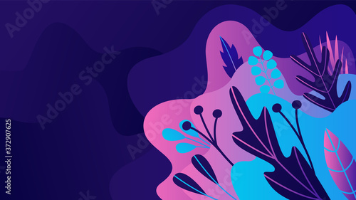Leaves and plants on a dark background. Abstract lines. Vector illustration.