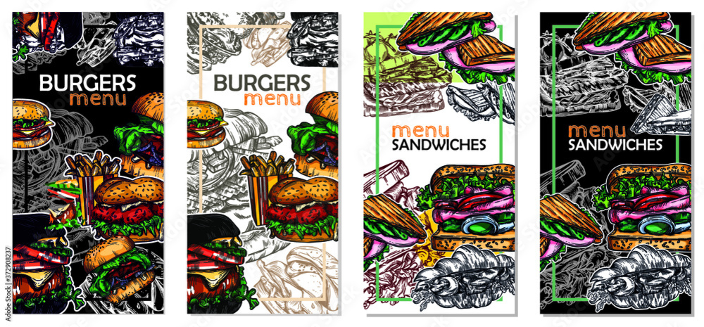 Obraz premium Vector illustration of fast food in the style of the sketch. Burgers, pizza, sandwiches, fries, burgers. High-quality detailed drawing of elements.