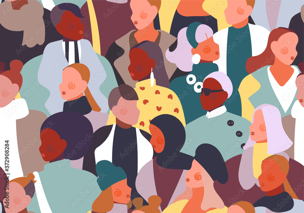 A group of diverse people in warm modern clothes. Seamless pattern with autumn fashion. Street style. The crowd is chatting in the street. Vector flat design illustration in pastel colors. A group of diverse people in warm modern clothes. Seamless pattern with autumn fashion. Street style. The crowd is chatting in the street. Vector flat design illustration in pastel colors.