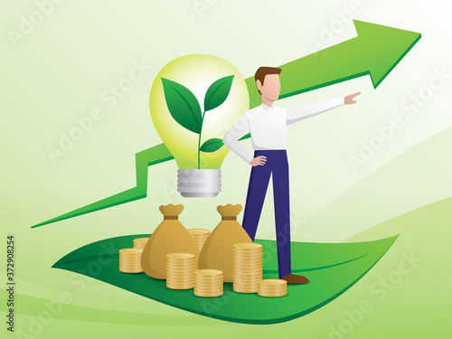 Green business trend illustration vector. The businessman is standing on a green leaf and point forward.