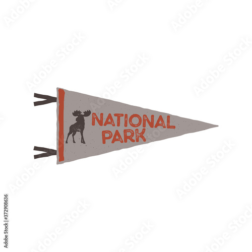 National park pennant, camping adventure emblem illustration design. Vintage outdoor label with moose and text - National park. Unusual hipster style sticker. Stock vector.