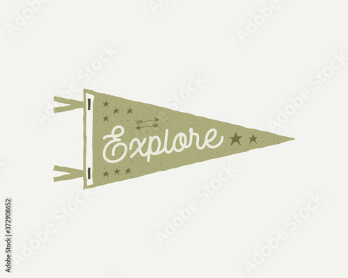 Camping adventure pennant emblem illustration design. Vintage outdoor label and text - Explore. Unusual hipster style sticker. Stock vector.