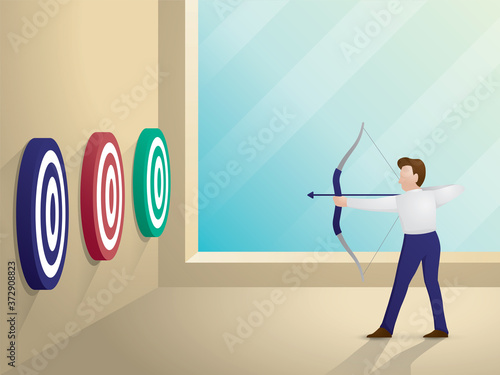 The businessman is shooting an arrow to the goal. Choosing the target 3D illustration vector.