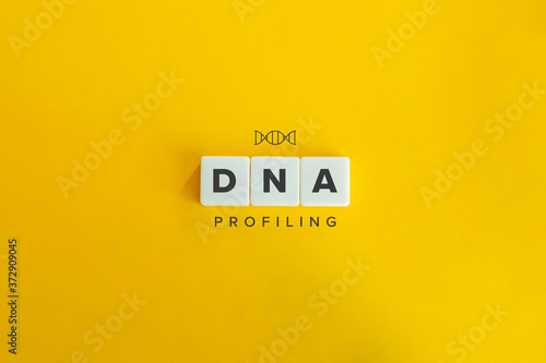 DNA Profiling banner and concept. Block letters on bright yellow orange background. Minimal aesthetics.