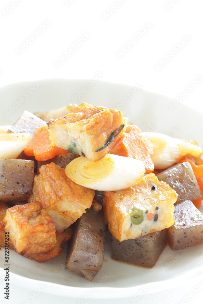 Japanese food, leek and fish cake stir fried with konjac and carrot Japanese food, leek and fish cake stir fried with konjac and carrot