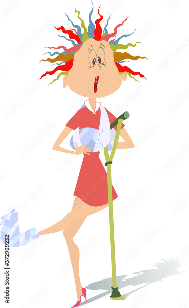 Comic woman with bandage and crutch isolated on white illustration. Injured young woman with bandages and crutch isolated on white
Comic woman with bandage and crutch isolated on white illustration. Injured young woman with bandages and crutch isolated on white