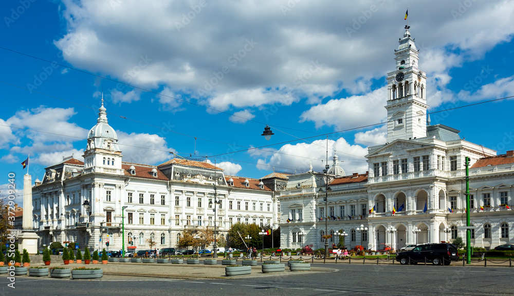 View of Arad town hall in sunny autumn day, Romania