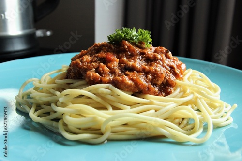 spaghetti with meat sauce. photo front view 
