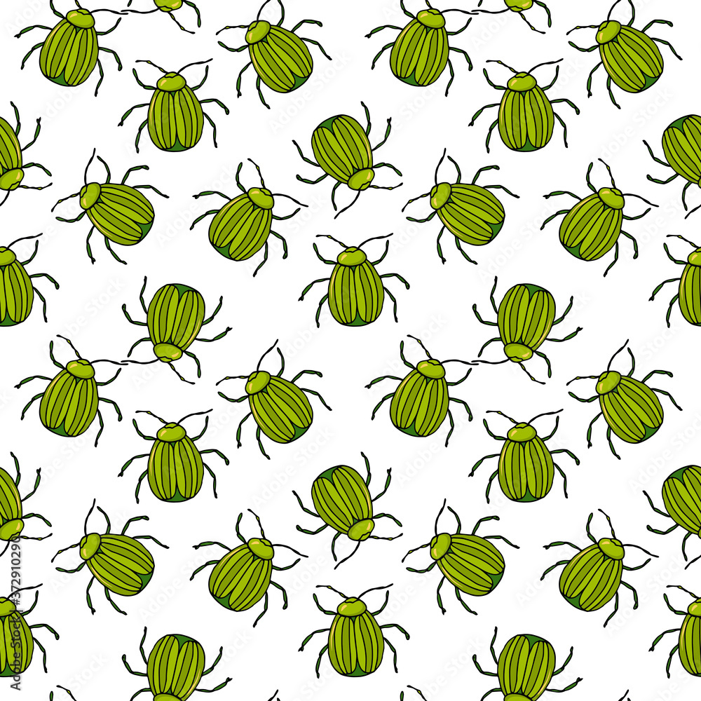 Seamless pattern with green beetle.Endless texture of insects on a white background.Design for textiles, Wallpaper, wrapping paper.Vector illustration. Seamless pattern with green beetle.Endless texture of insects on a white background.Design for textiles, Wallpaper, wrapping paper.Vector illustration.