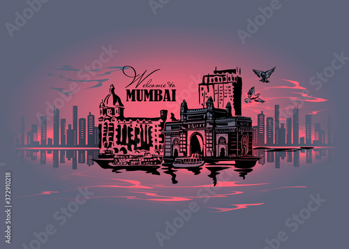 Bombay, India Gate and the Taj Mahal Palace & Tower, the view from the Arabian Sea. Located in the Colaba region of the Indian city of Mumbai. Vector illustration photo