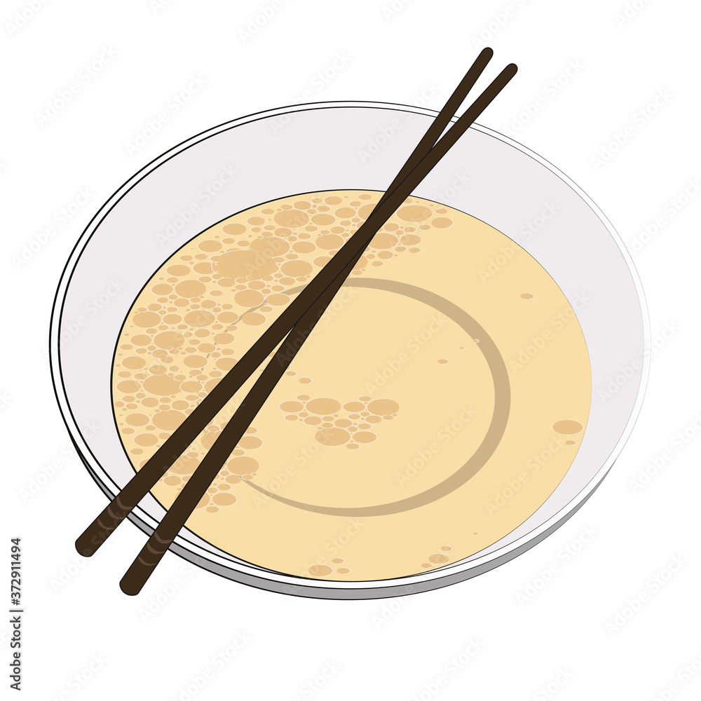 Japanese bowl with broth and wooden sticks. Traditional Korean or Japanese food, suitable for ramen noodle soup and other national dishes. Vector illustration in hand-drawn style on a white background Japanese bowl with broth and wooden sticks. Traditional Korean or Japanese food, suitable for ramen noodle soup and other national dishes. Vector illustration in hand-drawn style on a white background