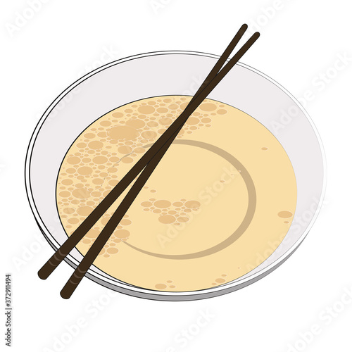 Japanese bowl with broth and wooden sticks. Traditional Korean or Japanese food, suitable for ramen noodle soup and other national dishes. Vector illustration in hand-drawn style on a white background