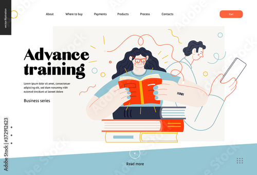 Business topics - advance training, education, skill development, web template. Flat style modern outlined vector concept illustration. Man and woman reading books. Business metaphor.