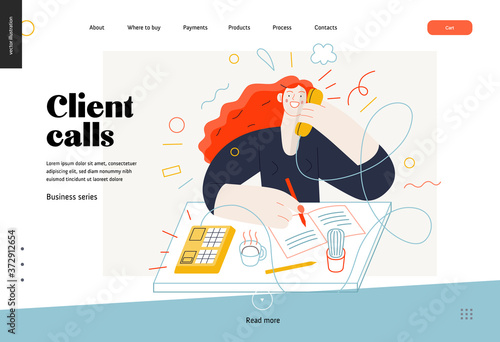 Business topics - client calls, web template. Flat style modern outlined vector concept illustration. A red-haired woman talking to a client by the phone at the office desk. Business metaphor.