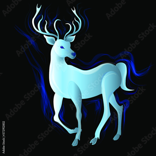 Shining blue deer with horns. Northern lights deer. Vector illustration