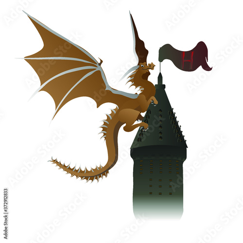 The dragon climbs onto the roof of the tower. Vector illustration
