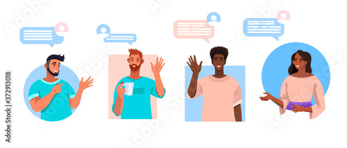 Video call or conference vector illustration with multinational people, speech bubbles. Virtual meeting and online communication concept with diverse men and women. Video call banner in flat style