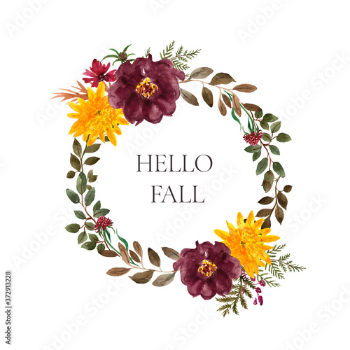 Fall floral decorative wreath illustration. Watercolor autumn flowers and fol...