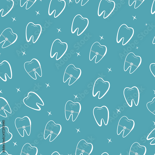 Teeth seamless pattern, tooth with braces. Vector.