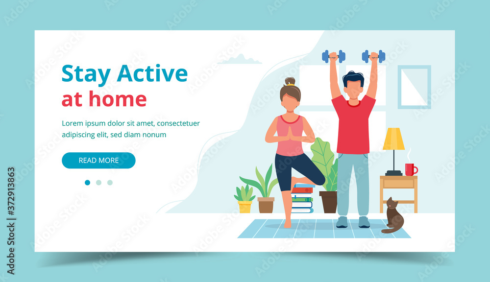 Stay active at home concept. People doing exercise in cozy modern interior. illustration in flat style