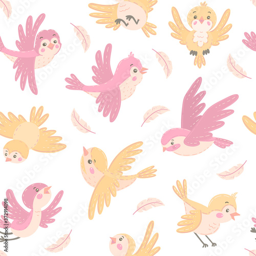 Seamless pattern with pink birds and feathers.