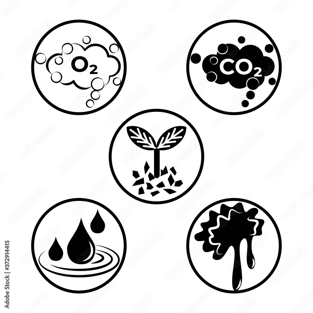 Simple black and white set with nature elements. Five round flat vector signs with oxygen, carbon dioxide, sprout, water and mud Simple black and white set with nature elements. Five round flat vector signs with oxygen, carbon dioxide, sprout, water and mud