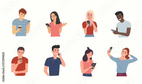 Different young people look into the smartphones. Big set.Vector flat cartoon style  illustration