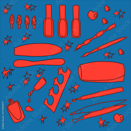 clip art on blue in pink in a nail manicure set, stars, a jar of nail polish, examples with nail drawings, nail files, manicure devices, in the amount of 13 pieces: varnish, vector, illustration, illu