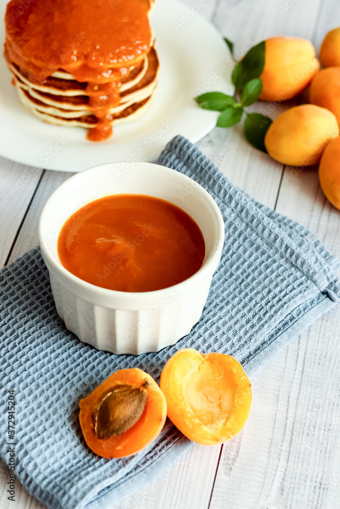 Breakfast, homemade. Gourmet apricot jam. Pancakes With Apricot Jam. Breakfast, homemade. Gourmet apricot jam. Pancakes With Apricot Jam.