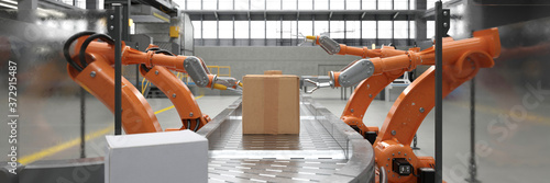 Roboter am Fließband in Fabrik verpacken Pakete photo