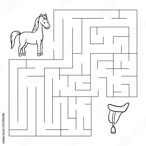 Maze with horse, saddle. Educational children game.
