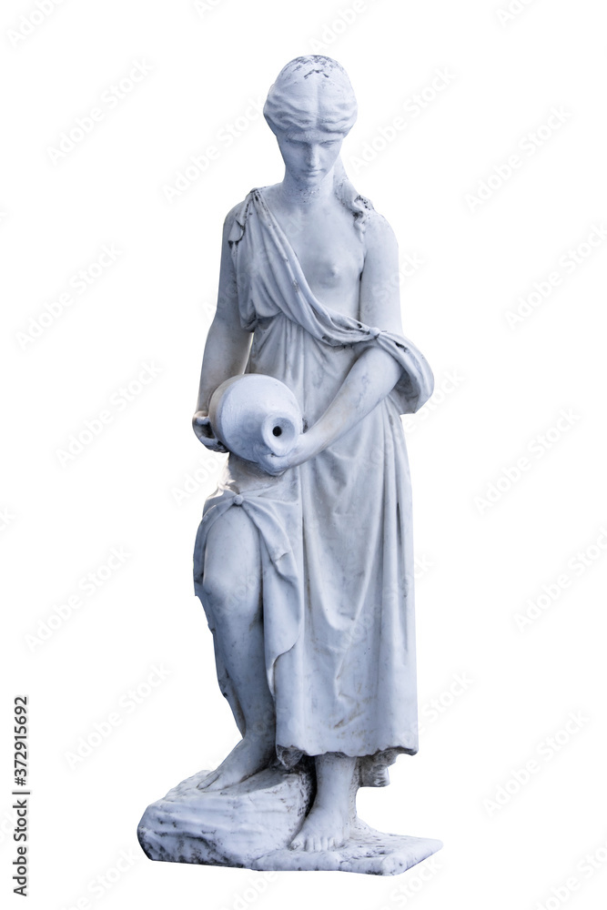 Antique statue of a woman with a jug on a white isolated background.