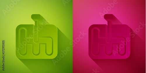 Paper cut Gear shifter icon isolated on green and pink background. Transmission icon. Paper art style. Vector Illustration.