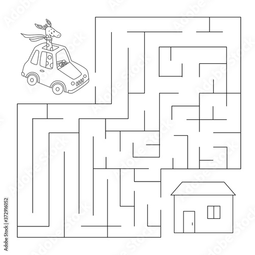 Maze with car, giraffe, house. Educational children game.