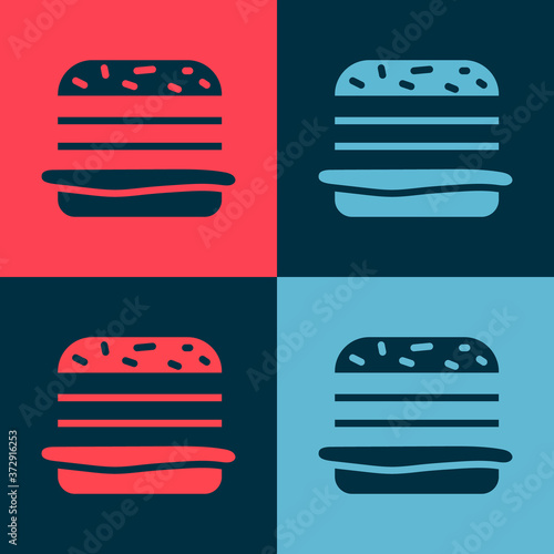 Pop art Burger icon isolated on color background. Hamburger icon. Cheeseburger sandwich sign. Fast food menu. Vector Illustration.