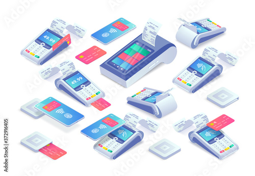 Contactless payments isometric set. 3d Cashless payment machine, smartphone, credit card, smart terminal with online cash desk, EMV chip card square reader. Mobile NFC payments vector collection