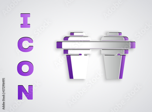 Paper cut Water filter icon isolated on grey background. System for filtration of water. Reverse osmosis system. Paper art style. Vector Illustration.